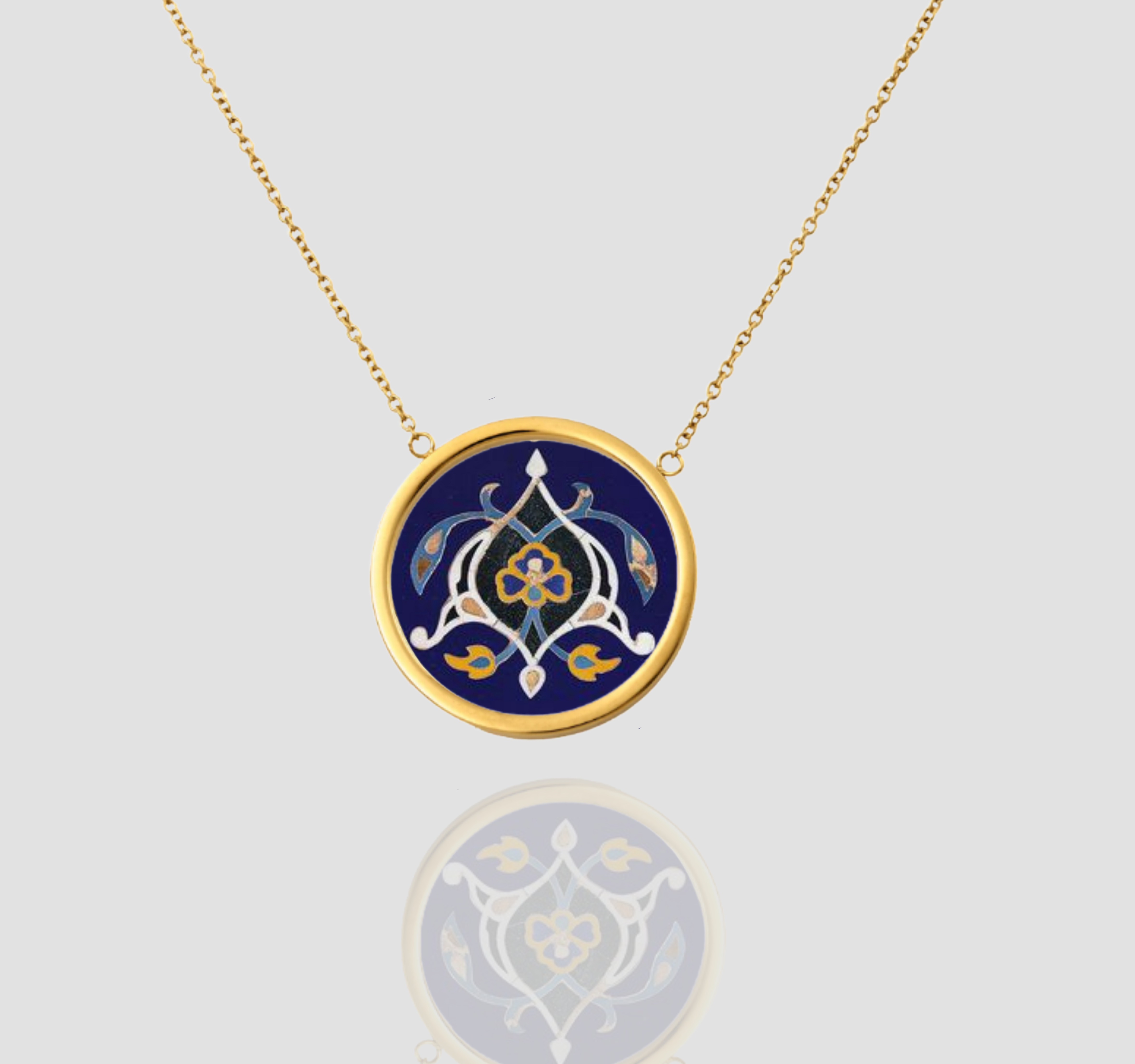 Handmade Solid Gold Necklace, Pendant Necklace with Persian Tiles Art-Inspired Design - Floral Luxury Pendant Jewelry