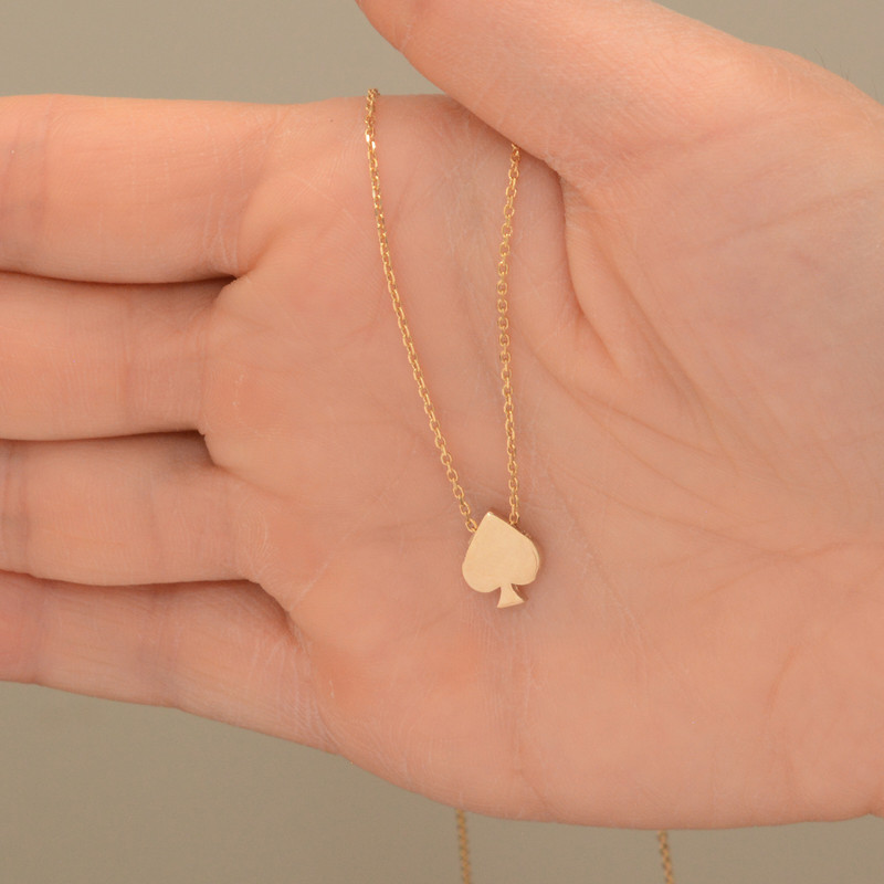Ace of Spades Poker Necklace, Solid Gold Handcrafted Spades Pendant Necklace, Handmade 14k Solid Gold Spades Luck and Luxury Necklace