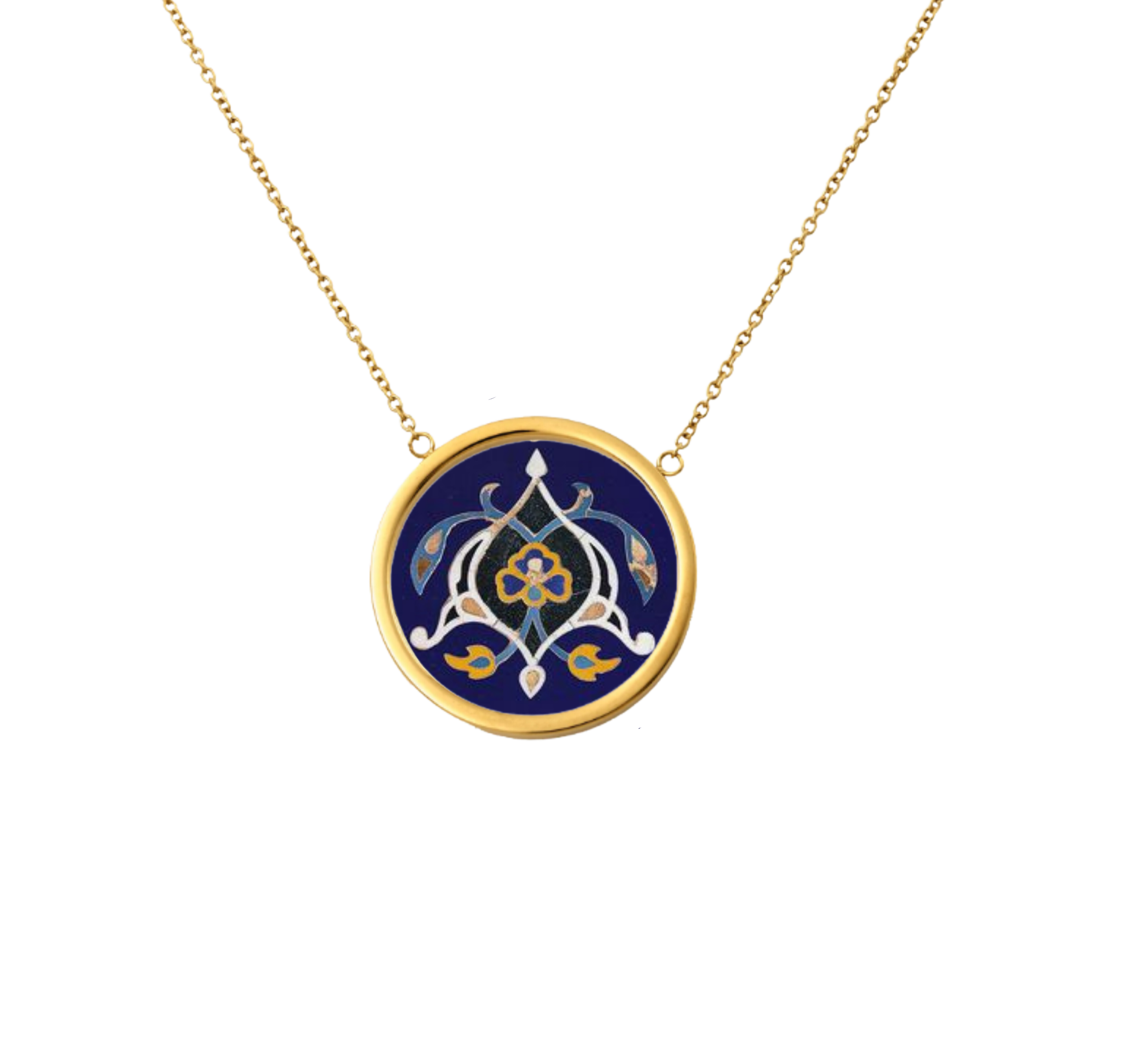 Handmade Solid Gold Necklace, Pendant Necklace with Persian Tiles Art-Inspired Design - Floral Luxury Pendant Jewelry